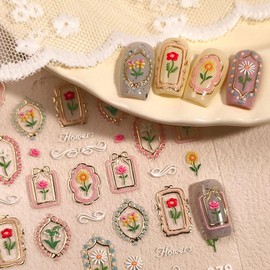 Flower Nail Decals Embossed Summer Tulip Art Stickers 5D Self-Adhesive Gold Pink Nail Stickers Floral Nails Designs Decals Summer Nails Decoration for Women Girls Nail Art Supplies