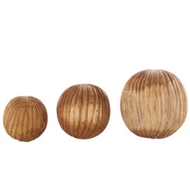 Deco 79 Teak Wood Handmade Carved Textured Orbs & Vase Filler with Ridges, Set of 3 6", 5", 4" H, Brown