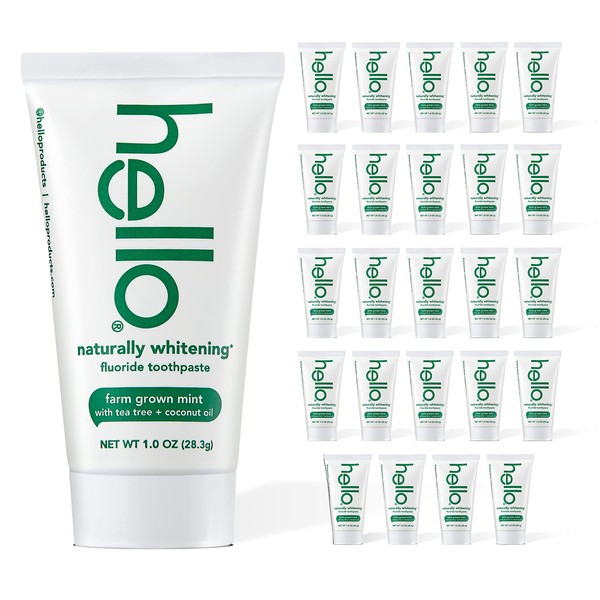 Hello Naturally Whitening Fluoride Travel Toothpaste, 1 Ounce (Pack of 24), Farm Grown Mint with Tea Tree and Coconut Oil, Vegan, SLS Free, Gluten Free and Peroxide Free