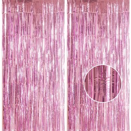 2pcs 3.2 x 8.3ft Glitter Pink Foil Fringe Curtain Backdrop Tinsel Curtain Party Streamers Curtain Backdrop Decorations for Birthday School Graduation Hen Girls Party Decorations Pink