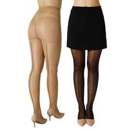 FZPZP 30D Women's Backseam Sheer Tights- 2 Pairs Nylon Seamed Tights High Waist Control Top Pantyhose with Reinforced Toes Black Nude Small