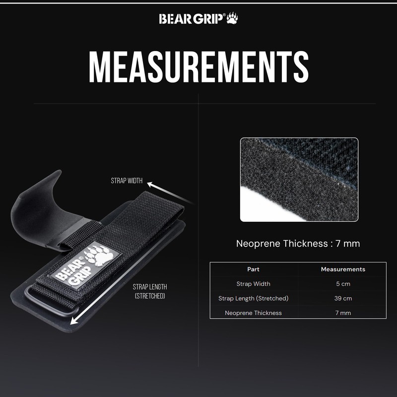 BEAR GRIP Weight Lifting Hooks, Non-Slip Rubberised Grips (Black)