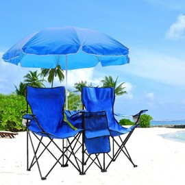 Skiku Portable Folding Double-Chair for Beach, Camping, Picnic w/Removable Umbrella, Cooler Bag and Carry Case
