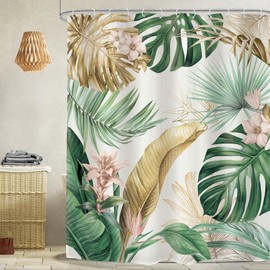 Omifly Tropical Palm Shower Curtain 60Wx72L Inch Banana Leaves Monstera Floral Flower Botanical Jungle Rainforest Plant with 12 Plastic Hooks Fabric Waterproof Toilet Accessories Decor
