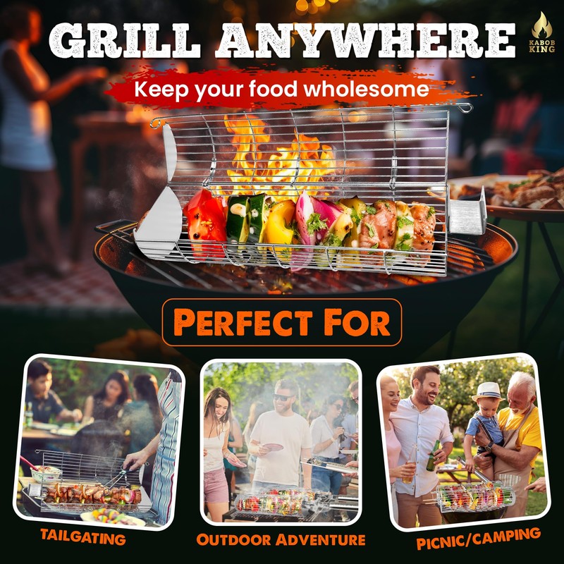 ORIGINAL Rolling Grill Basket Set of 2 w/Detachable Handle. Stainless