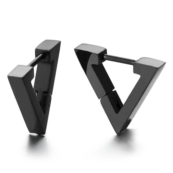 Black Flat Open Triangle Hinged Huggie Hinged Hoop Earrings -