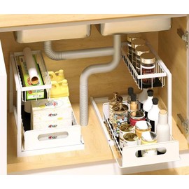 Growsun 2 Pack Under Sink Organizer Pull Out Metal Cabinet Storage 2 Tier Under Sink Storage for Kitchen Bathroom, White