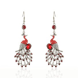 Peacock Chandelier Earrings, Peacock Bird Dangle Earrings for Women, Bohemian Peacock Statement Earrings, Sparkling Phoenix Earrings Boho Jewelry, Beaded Peacock Drop Earrings(Red)