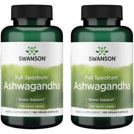 Swanson Ashwagandha Powder Supplement - with Ashwagandha Root to Promote Stress Relief & Energy - Ayurvedic Supplement for Natural Wellness (100 Capsules, 450mg Each) 2 Pack