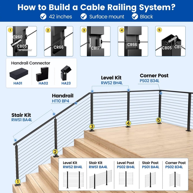 Muzata Black Cable Railing Post 42 Inch 42"x2"x2" Level Drilled