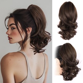 Postizos de Coleta Rizada con Pinzas de Garra, 30cm Corto Cola de Caballo Extensión de Pelo Ondulada Ponytail Extension Clip in Postizo Sintético para Mujeres (Marrón Negro, 30cm)