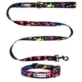 Bagel & Friends Matching Dog Collar & Leash Set XSmall, Small, Medium, Large for boy, Male, Female, Girl Dogs and Puppy (Small, Color Splash)