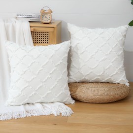 JOTOM Cushion Covers 40x40cm Linen Boho Decorative Pillow Case Tassels Design Rhombic Throw Pillow Covers 16 x 16 Inch Square Pillowcases for Sofa Bedroom Couch Home Chair Decor Set of 2 (White)