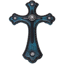 Western Elegance Turquoise Wall Cross – 7.5" Decorative Resin Cross with Studs – Christian Church-inspired Home Décor