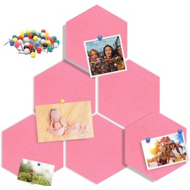 6 Pcs Hexagon Felt Wall Tiles, Self Adhesive Cork Board Hexagon Bulletin Boards with Push Pins, Large Size Felt Cork Board Tiles Memo Notice Board for Office Classroom Bedroom Home Wall Decor (Pink)