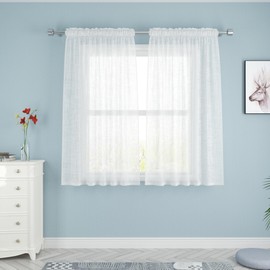 White Sheer Curtains 45 inches Long Voile Kitchen Curtain Sheers Living Room Basement Dining 2 Panels Linen Textured Transparent Bedroom Drapes Rod Pocket Window Treatment Set