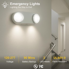 GRUENLICH LED Emergency Light with Battery Backup, 2 Adjustable Bug Eye Heads Lights, US Standard, AC 120-277V, Hardwired Commercial Emergency Exit Light for Business, 6-Pack