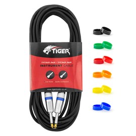 TIGER GTC4-06 6 Metre 20 Foot - 6.35mm 1/4 Inch Jack to Jack Lead Guitar Instrument Cable with Interchangeable Coloured Loops