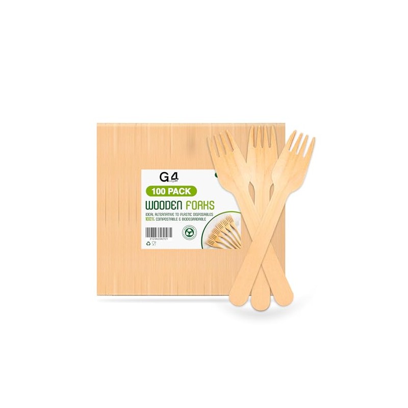 G4GADGET 100x Wooden Forks - Disposable Biodegradable Birch Wood Utensils