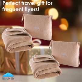 BlueHills Premium Soft 2-Pack Travel Blanket Pillows Airplane Large Plane Flight Throw Travel Blankets for Two in a Bag Compact Traveling Essentials Warm Travel Gifts Long Beige T205