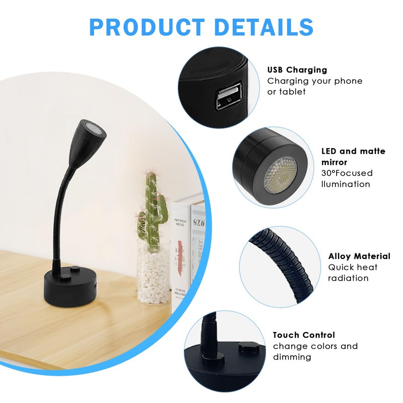 TZnpnor 2 Pack 12-24V RV LED Bedside Light USB Charging