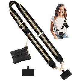 MEI NIAN Clip and Go Strap for Phone with Wallet Crossbody,Phone Strap with Zippered Pouch,Adjustable Length,Upgrade to Increase Size,Save Girls Lanyard，Women's Fashion Lanyard Crossbody-Black Gold