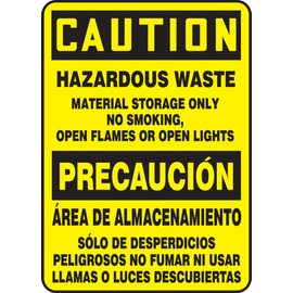 Accuform SBMCHL682VA Aluminum Spanish Bilingual Sign, "Caution Hazardous Waste Material Storage ONLY NO Smoking, Open Flames OR Open Lights", 14"x10", Black on Yellow