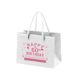 60th Birthday Gift Bag - White Paper with Rope Handles - Eco Friendly Small Gift Bag - Looks Great - Pink