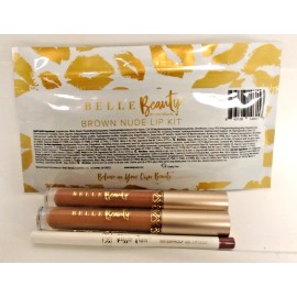 Belle Beauty Kisser Fixer BROWN NUDE LIP KIT Liquid Lipstick, Gloss, Gel Liner