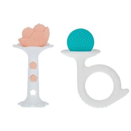 Nuby Silicone Fun Teethers - (2-Pack) Baby Teething Toy - Chick and Tuba Shapes - 3+ Months - Orange and Teal