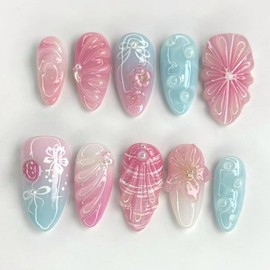 24Pcs Cute Flower Press on Nails Medium Almond Fake Nails Blue Pink False Nails with Ripple Design Bow Strawberry Acrylic Nail Full Cover Pearl Rhinestones Stick on Nail for Women Manicure Supplies