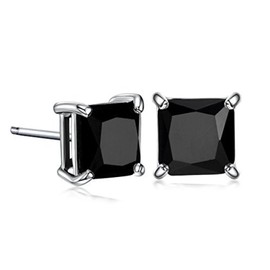 GULICX 7mm Black Stone Diamante CZ Square Studs Pierced White Gold Electroplated Earrings Men Women