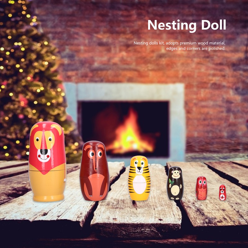 6Pcs Russian Nesting Dolls Kit Wooden Cartoon Animal Pattern Ornament