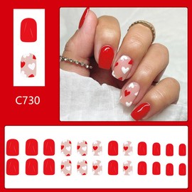 Valentine Press on Nails Extra Short Square Red Fake Nails Nude False Nails Press ons with Cute Red&White Heart Design Acrylic Nail Art Kit Full Cover Glossy Glue on Nails for Women 24 Pcs