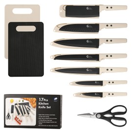 CuCut 17-Piece Kitchen Knife Set - Black Stainless Steel Knives with 2 Cutting Boards, Safety Sheaths Included, Dishwasher Safe, Ultra-Sharp Blades, Essential Kitchen Tools for New Homes