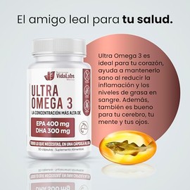 Ultra Omega 3 Nutrientes Vidalabs Alta Concentración 400 mg EPA Y 300 mg DHA, Aceite de Pescado Premium, 30 Cápsulas, Sin Sabor.