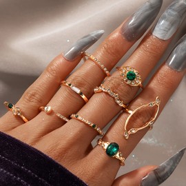 Octwine Vintage Stackable Knuckle Rings Emerald Crystal Rings Set Bohemian Crystal Rings Jewelry Rings Accessory for Women and Girls(9 pcs)