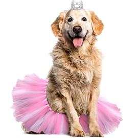 2 Pcs Dog Crown Headband Dog Tutu Dress Set Crystal Rhinestone Dog Tiara Crown Tutu Skirt Dog Dress Cute Pet Costume for Puppy Dog Birthday Party Wedding Photo Prop Costume (Rose Red, White,X-Large)