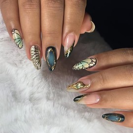 24Pcs Fall Press on Nails Medium Almond Fake Nails 3D Designs Black French Tip Acrylic Nails with Butterfly Wings Pattern Gold French Lines False Nail Tips Autumn Glue on Nails for Women