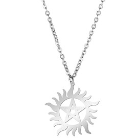 UNIFT Pentagram Sun Wheel Layered Necklace For Women Men Stainless Steel Dainty Chic Sun Sunburst Pentacle Pendant Double Layer Necklace Jewelry Gift (silver 2)