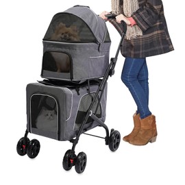 Double Pet Stroller, Foldable Dog Stroller w/2 Carrier Bags & Anti-Lost Leash, 2 Lockable Wheels Cat Stroller Travel Carrier Strolling Cart, Portable Pet Cart for Small Medium Dogs Cats Puppy (Grey)