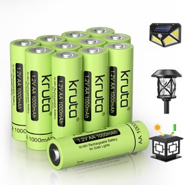 Kruta Rechargeable AA Battery for Outdoor Solar Lights, 12 Pack 1.2V NiMH 1000mAh Pre-Charged Double A Solar Battery for Garden Landscaping Outdoor Solar Lights (AA 1000mAh 12 Pack)