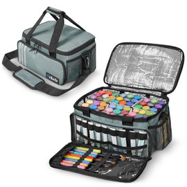 ORKELS Craft Paint and Marker Organizer, Acrylic Paint Storage Bag with Brush and Bottle Holders, Large Marker Carrying Case for Artists (Gray)
