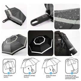 Quick Safety® Hiking Trekking Umbrella Pocket Umbrella Men Women Umbrella Open-Close Automatic Storm Resistant Reflective Carabiner Hook Handle Design, Slate Black