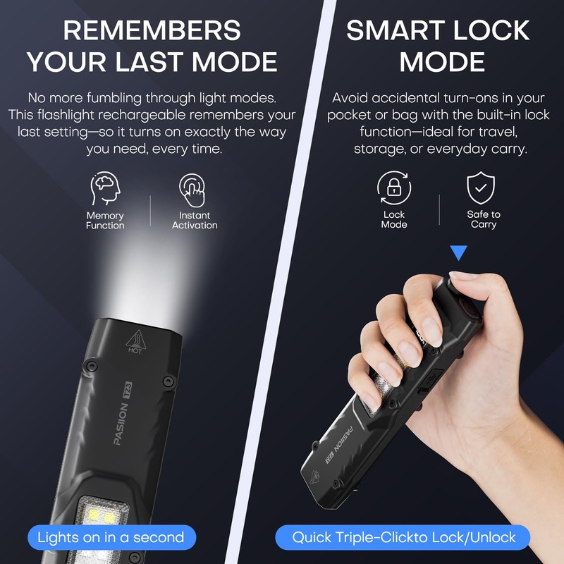 EDC Tactical Flashlight,1500 Lumen Flat Flashlights Rechargeable,Dual-Switches LED Small Flashlight