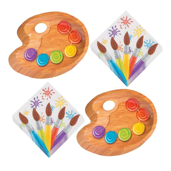 Art Party Supplies - Paint Party Paint Palette Shaped Paper Dessert Plates and Artist Brush Beverage Napkins (Serves 16)