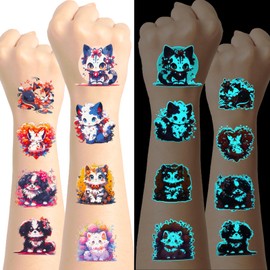 Yobbai Luminous Tattoos for Kids, Mixed Styles Temporary Tattoos Stickers with Dogs, Cats, Pandas, Foxes for Boys and Girls, Waterproof Glow In The Dark Tattoos for Kids Party Supplies