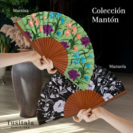 Tusitala Barcelona Mantón Hand Fan - Made of Wood and Cotton - 100% Spanish Craft - Includes Natural Jute Bag - Handmade Fashion Accessory - 23 cm. (rocío), Rocío