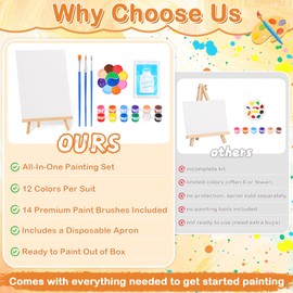 24 PCS Acrylic Paint Set, 2Pack Art Canvas with Easel Stand, 12 Acrylic Paints, 14 Brushes, Palettes, Aprons -Beginner Painting Kit, Mini Painting Canvas with Easel Set, Painting Kits for Adults Party