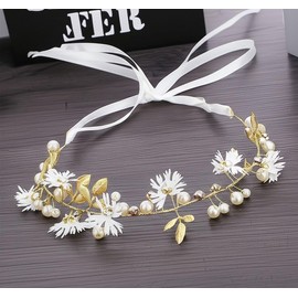Chiorgone Daisy Flower Bridal Hair Vine Wreath - Gold Tone Headband with Pearls & Crystals, Wedding Floral Headpiece for Brides, Flower Girls - Ribbon Tie.(White)